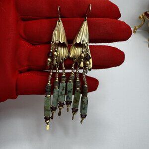 Vintage Tabra 14K GF Calla Lily Jade Garnet Beaded Fringe Goddess Earrings